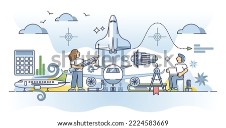 Aerospace engineering with aviation knowledge specialty outline concept. Technical education for airplane, space shuttle or jet turbines performance vector illustration. Mechanical work occupation.