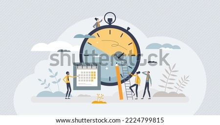 Efficiency with productive process time management tiny person concept. Teamwork and precise schedule with tasks as productivity and effective work vector illustration. Monthly priority planning.