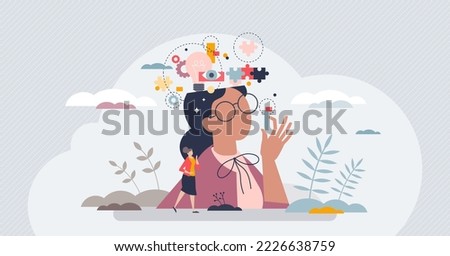 Inner mental intelligence and logic process visualization tiny person concept. Mind thinking and creative thoughts awareness vector illustration. Intellectual brain skills for human ability to think.