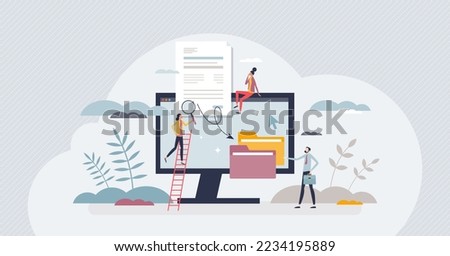 Data entry jobs with information writing to digital files tiny person concept. Database digitization from paper to computer vector illustration. Freelance clerk occupation with text upload tasks.