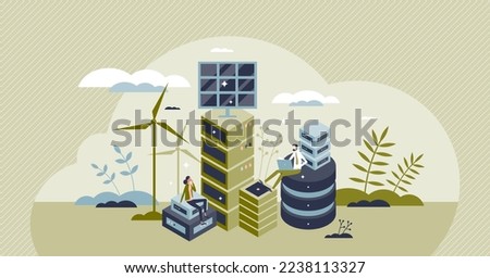 Green data center with eco friendly electricity usage tiny person concept. Database server technology for file storage hosting with ecological and carbon neutral power source vector illustration.