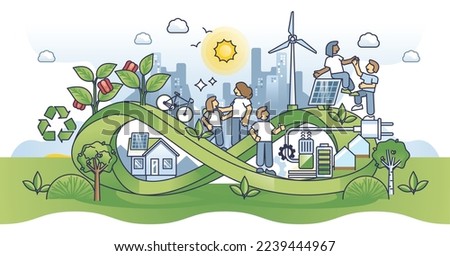 Green and sustainable environment with reusable energy source outline concept. Urban city scene with wind or solar electricity, efficient home and clean ecosystem vector illustration. Save climate.