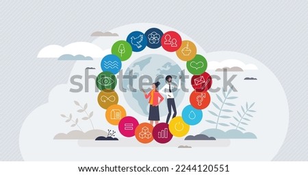 SDG or sustainable development goal elements tiny person concept. Symbolic combination with social equality, nature eco protection, waste management and corporate responsibility vector illustration,