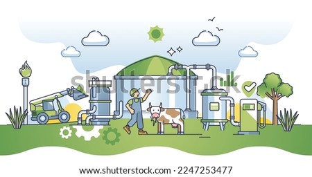 Biogas plant with renewable green bio gas fuel production outline concept. Agricultural alternative power generation from livestock methane vapors vector illustration. Biomass supply from grains.