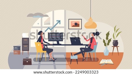 Hybrid work mode with split time for office and working from home tiny person concept. Switch location for job tasks as flexible lifestyle and business approach vector illustration. Distant workplace.