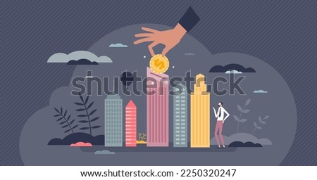 Private equity as personal investment funds in company tiny person concept. Limited partnerships with financial purchase to restructure financially weak companies vector illustration. Assets ownership