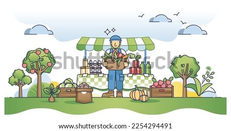 Farmers marker and local food offer direct from grower outline concept. Fresh, green and ecological grocery products from domestic eco supplier vector illustration. Outdoor bazaar and shop kiosk.