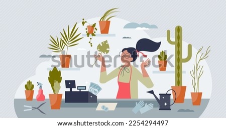 Plant shop as local market business to sell flower pots tiny person concept. Floral decorations growth or botanical florist occupation scene vector illustration. Houseplant cactus cultivation for sale