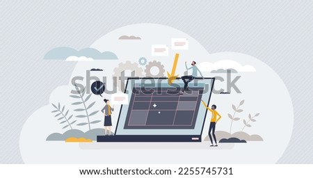 Data entry software for information upload automation tiny person concept. Web technology with AI tech for info file management system vector illustration. Text input from artificial intelligence.