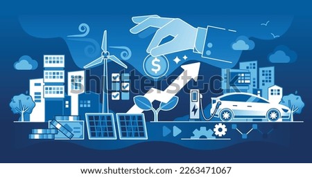 Renewable energy investment with financial funding dark outline concept. Alternative and recyclable power sources, electrical vehicles and solar or wind electricity development vector illustration.