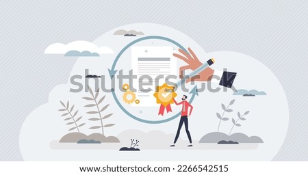 Recertification as diploma for competence and experience tiny person concept. Official skill and ability proof renewal from association vector illustration. Achievement document and work quality audit