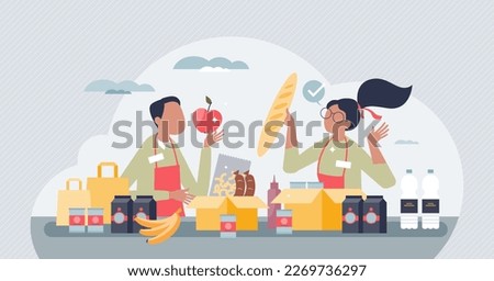 Volunteering at food bank and give groceries to poor tiny person concept. Homeless community support with cans, vegetables, bread and water supplies vector illustration. Support and care for hunger.