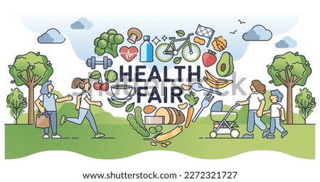 Community health fair for active lifestyle and eating balance outline concept. Social care for diet nutrition and sport exercise significance vector illustration. Body and mental wellness awareness.