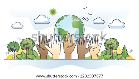 Environmental justice and sustainable cultural protection outline concept. Climate activists diversity and various racial or society groups for nature friendly ecosystem protection vector illustration