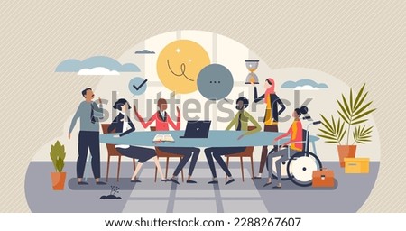 Diversity and inclusion in workplace as team acceptance tiny person concept. Teamwork power with various ethnic, racial and culture groups vector illustration. Business staff employment tolerance.