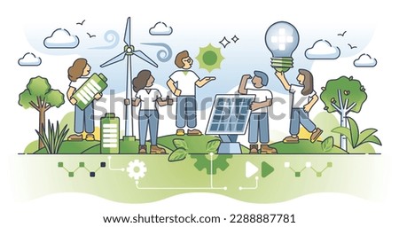 Community based renewable energy for green electricity outline concept. Society support for future nature friendly solar or wind power vector illustration. Save sustainable and environmental climate.