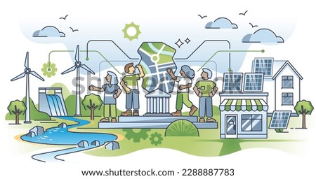 Community based renewable energy or CBRE for green power outline concept. Solar panels or wind turbines installation at home as society impact on green electricity or independence vector illustration