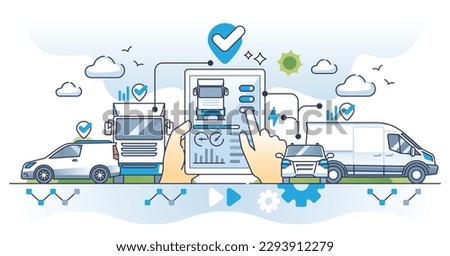 Fleet management system or FMS as logistic trucks software outline concept. Company car, trailer or freight control with digital application vector illustration. Battery level and performance check.