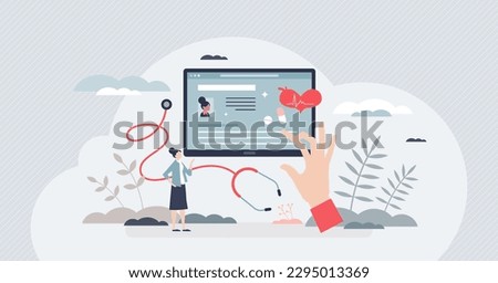 Electronic health records with patient medical history tiny person concept. Healthcare software with digital prescriptions, xray or emr results and diagnostics vector illustration. Ehealth solutions.