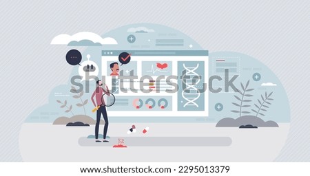 Big data in healthcare as diagnosis and monitoring info tiny person concept. Analyzing health status and hospital information about patient genetic and DNA files vector illustration. Body checkup.