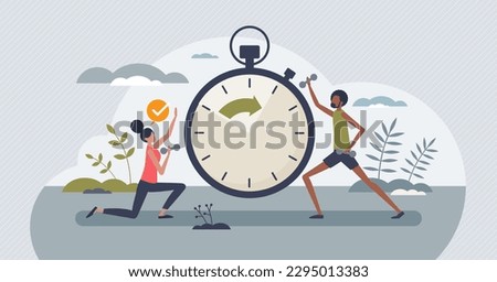 HIIT or high intensity interval training for strength tiny person concept. Exercise and workout for healthy muscles and athletic body vector illustration. Cardio activity and fitness sport performance