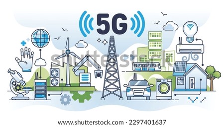 5G connectivity for urban IOT signal network streaming outline concept. Technology with fifth generation internet from high speed cellular tower vector illustration. Modern data download service.