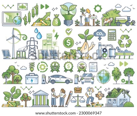 Sustainable investment elements and green ESG ecology outline collection. Social responsible business strategy, recyclable resources and renewable power consumption items group vector illustration.