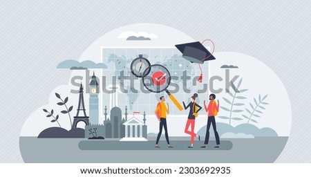 Study abroad and international education for learning tiny person concept. Travel to Europe university for graduation and diploma vector illustration. Academic wisdom and global teaching experience.