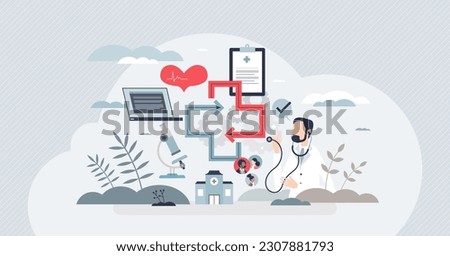 Interoperability in medicine with health data integration tiny person concept. Effective and productive healthcare model with electronic records system for fast data exchange vector illustration.