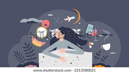 Insomnia causes and trouble with sleeping at night tiny person concept. Sleepless problem causes and bad habits impact to relaxation and quality sleep hygiene vector illustration. Anxiety and stress.