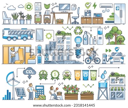 Eco friendly office elements for ecological company outline collection set. Green cooperative business house with sustainable material usage, insulation to save water and heating vector illustration.