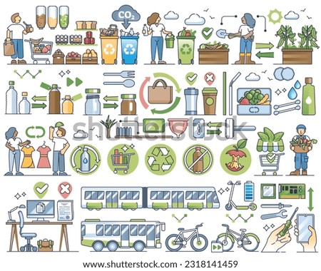 Zero waste lifestyle with resource material recycling outline collection set. Green living items with ecological product reusage and repair to save plastic, glass, food and paper vector illustration.