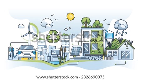 Green infrastructure for smart, ecological residential house outline concept. Building with alternative EV energy, effective drainage or rainwater system and recyclable waste vector illustration.