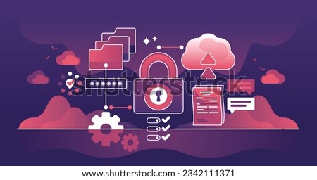 Data security and file upload to cloud with network lock outline concept. Secured against information leakage risk with hosting service and encrypted login vector illustration. Strong password shield