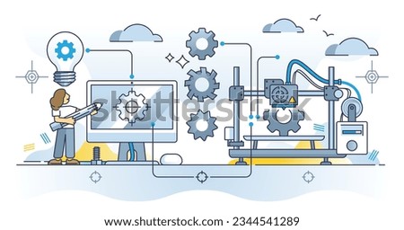 Rapid prototyping and three dimensional model printing outline concept. Fast, precise and effective manufacturing with 3D plastic filament technology vector illustration. Create additive construction