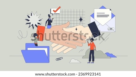 Deal sealed and formal business agreement closing process in retro tiny person concept. Corporate work with partnership or teamwork collaboration vector illustration. Commitment and handshake gesture