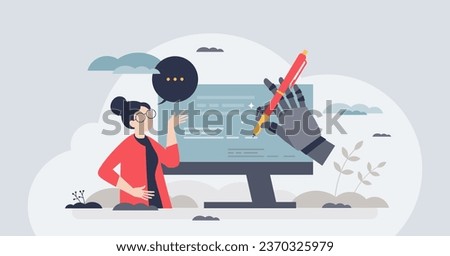 AI writing and artificial intelligence text typing tool tiny person concept. Use modern technology for communication process automation and content generation vector illustration. Editor assistance.