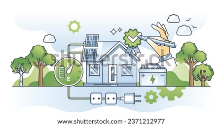 Solar energy home storage with charged green batteries outline concept. Sustainable and environmental solution for off grid electricity consumption vector illustration. Accumulator unit for eco house