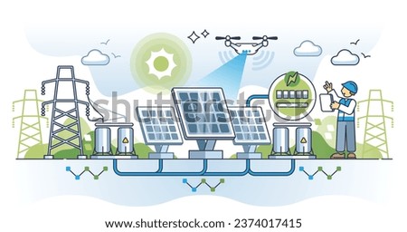 Solar power storage unit and sun panels efficiency control outline concept. Modern system for nature friendly and ecological energy production vector illustration. Environmental charging with backup.