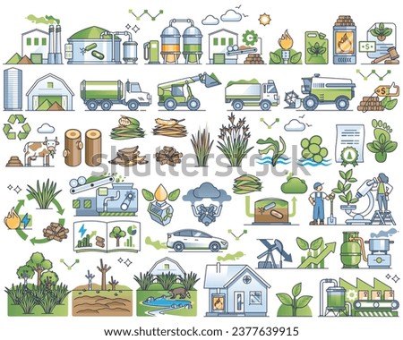 Biomass energy and green bio electricity production outline collection set. Sustainable and renewable power plant elements from biological organisms, wood, leaf, grass and corn vector illustration.