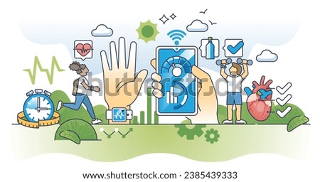 mHealth or mobile medical health control application outline concept. Smartphone app with heart monitoring, pulse checkup in sport and hydration reminder vector illustration. Digital healthcare.