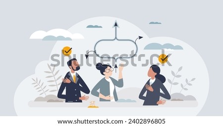 Mediation session and redirecting conversation progress tiny person concept. Communication professional and psychologist support for effective negotiation and arguments listening vector illustration.