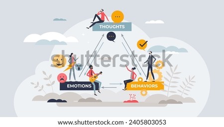 CBT or cognitive behavioral therapy for mental problems tiny person concept. Psychotherapy treatment session with counseling methods vector illustration. Mind cognition and emotional feeling care.