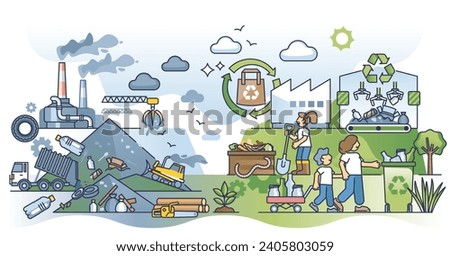 Recycling vs waste management system for garbage sorting outline concept. Paper, plastic and mixed trash pile as polluted urban dump vector illustration. Green and sustainable resource conservation.