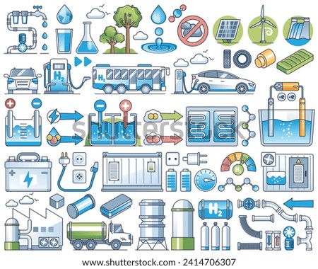 Hydrogen production and H2 usage for green energy outline collection set. Elements with sustainable power industry, renewable electricity stations and alternative fuel sources vector illustration.