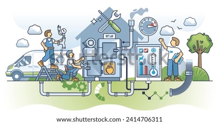 Furnace repair and professional heating system maintenance outline concept. HVAC service for effective hot burning process and temperature control vector illustration. Plumber and boiler technician.