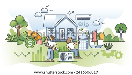 HVAC system cost and effective heating expenses reduction outline concept. Low energy bills and saving money after modern air conditioning or climate control unit installation vector illustration.
