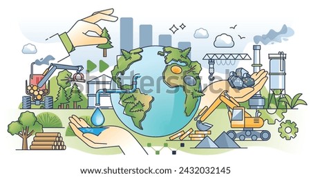 Raw material sourcing supply chain with global delivery outline concept. Mineral mining, metal and forestation industry to supply manufacturing with precious nature supplies vector illustration.