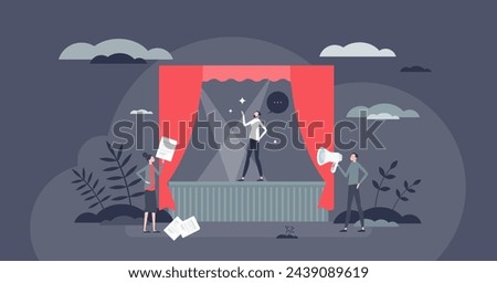 Theater rehearsal and dramatic performance on stage tiny person concept. Show practice with actors, director and stage designer vector illustration. Classical entertainment art show with spotlights.