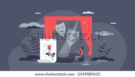 Theater and musical art performance on artistic stage tiny person concept. Professional singer or actor singing show vector illustration. Classical entertainment with dramatic acting and decorations.